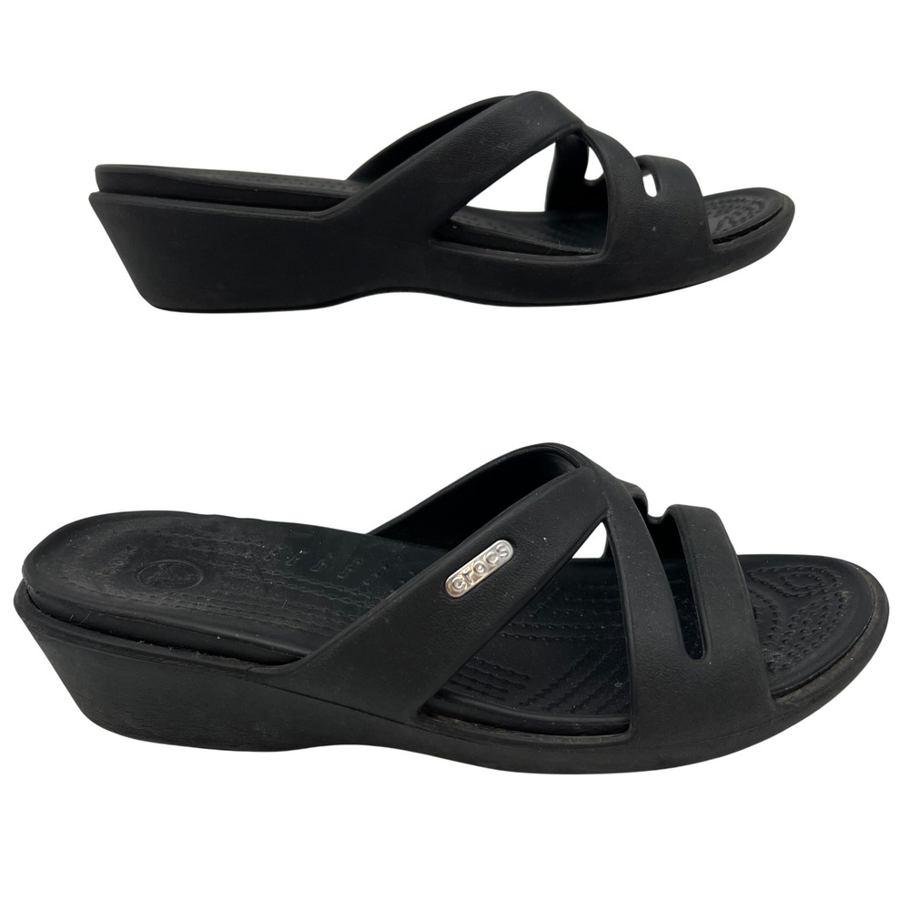 Crocs Patricia Wedge Slide Sandals Womens 7 Black Strappy Comfort Slip On Shoes